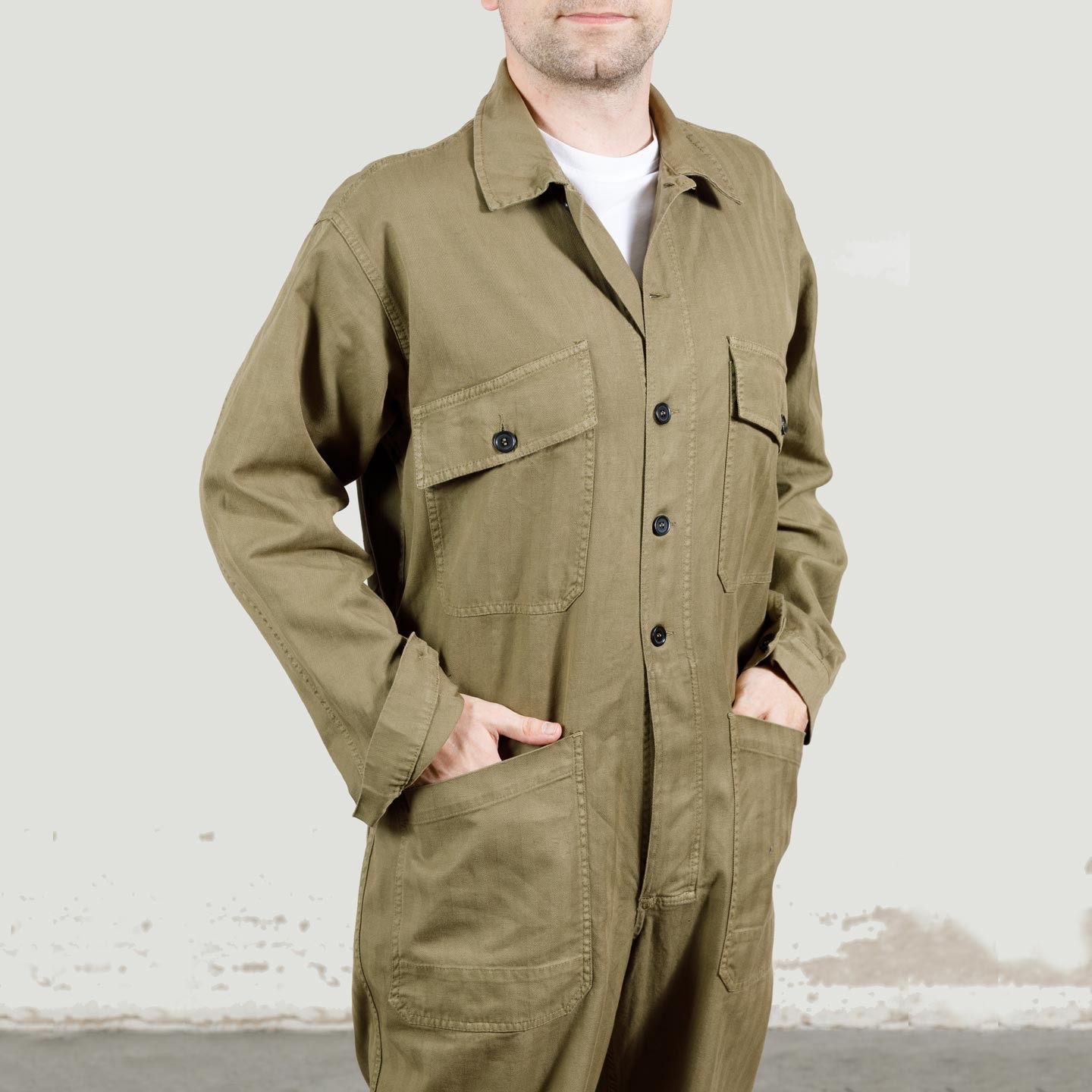 "Loose" Overall in light cotton linen herringbone 2V/213 olive