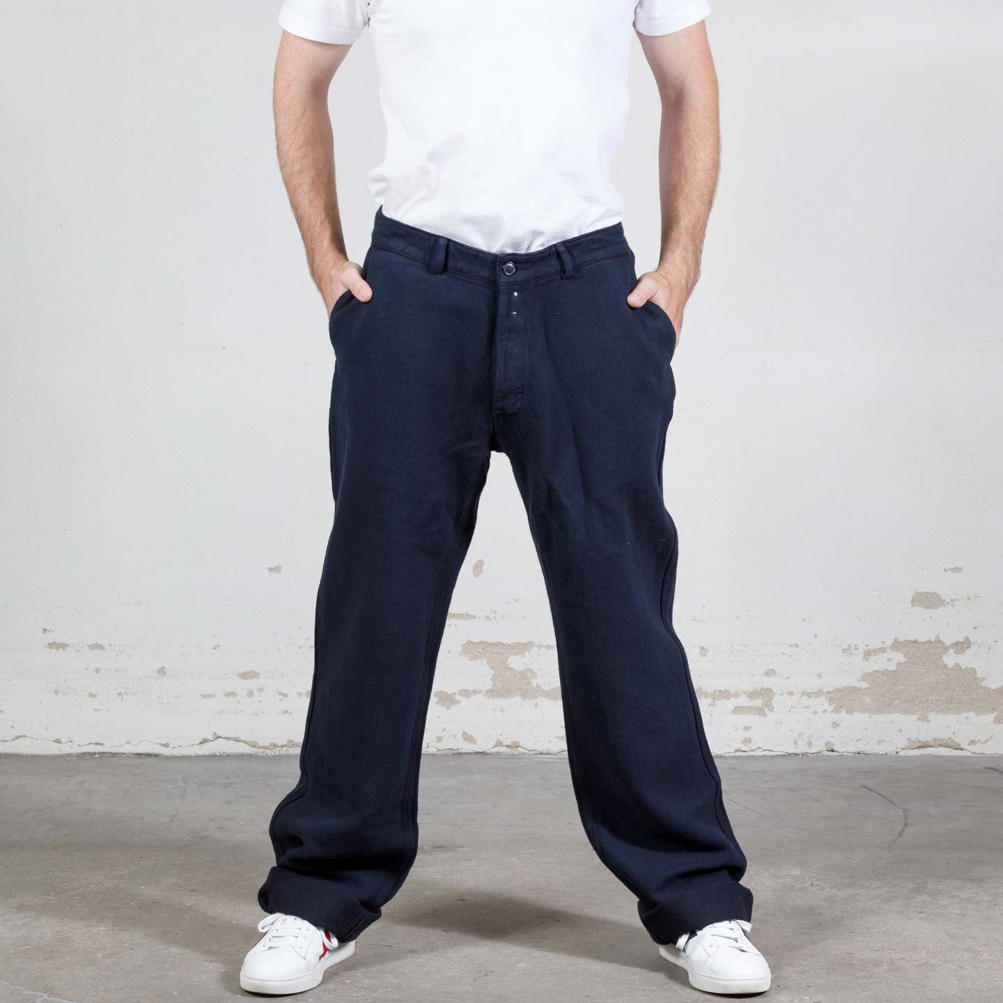 Large legged herringbone cotton/linen painter trousers